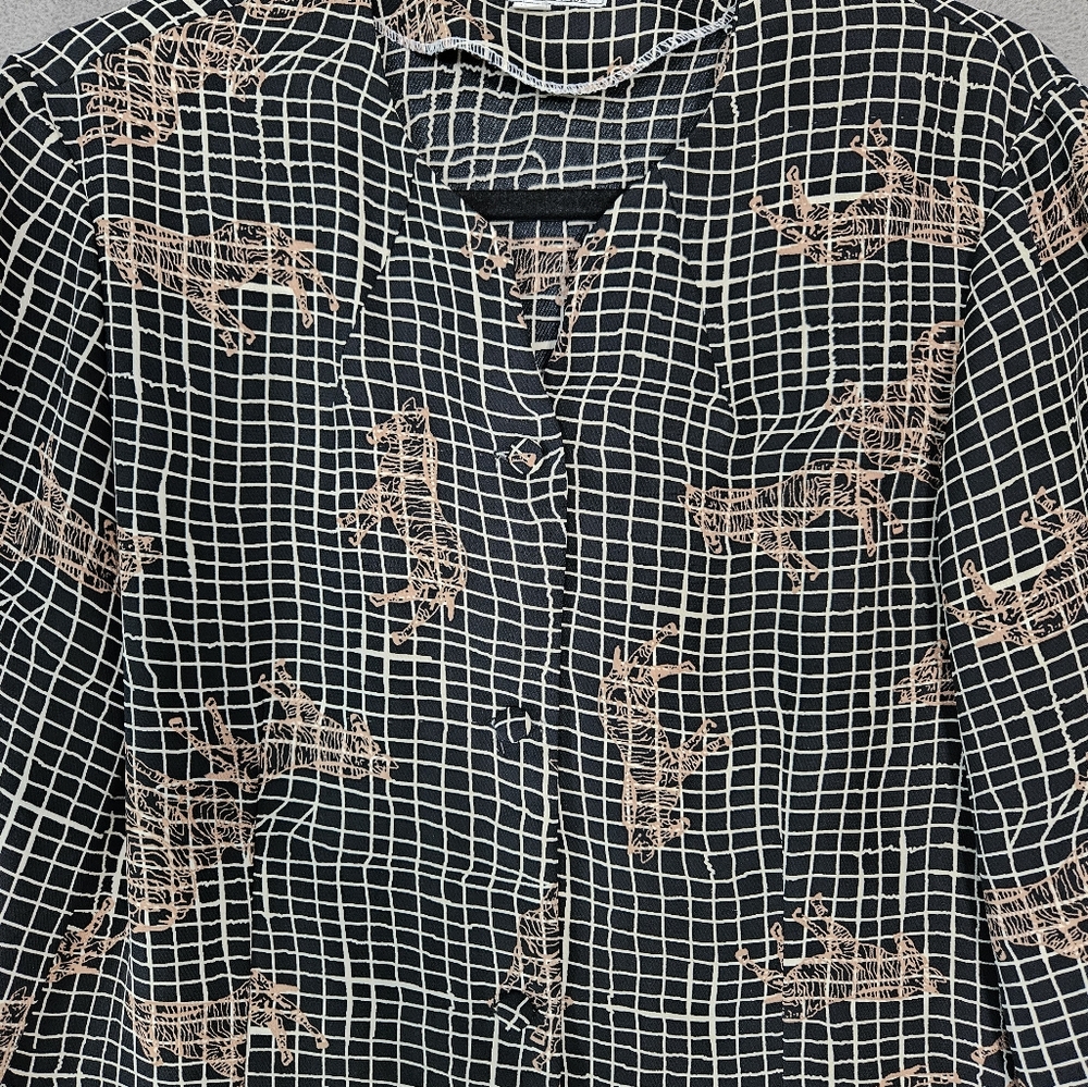 Vintage 80s Asian Design Womens XXL Button Up Shirt Zebra Black Check - Picture 2 of 10